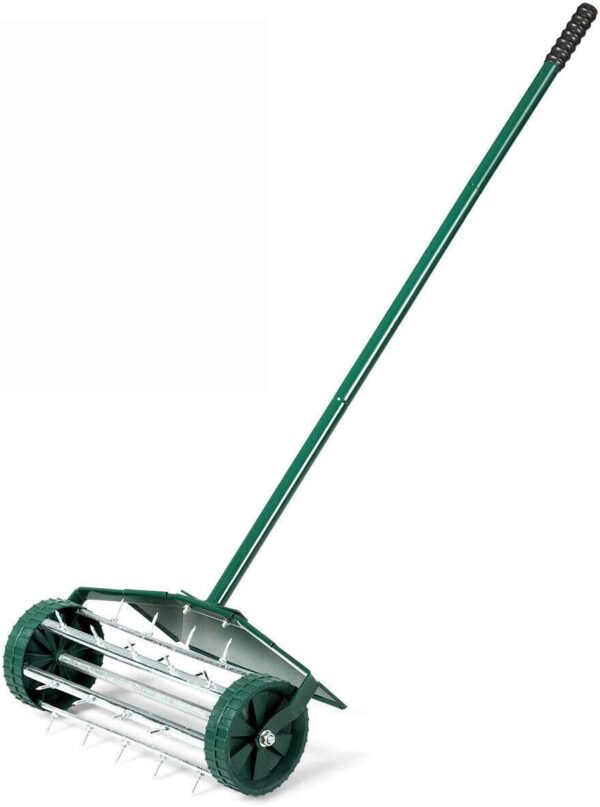 Goplus Rolling Lawn Aerator, 18-Inch Garden Yard Rotary Push Tine Heavy Duty Spike Soil Aeration, Manual Lawn Aeration Tool w/ 41-Inch Handle (Green w/Fender)